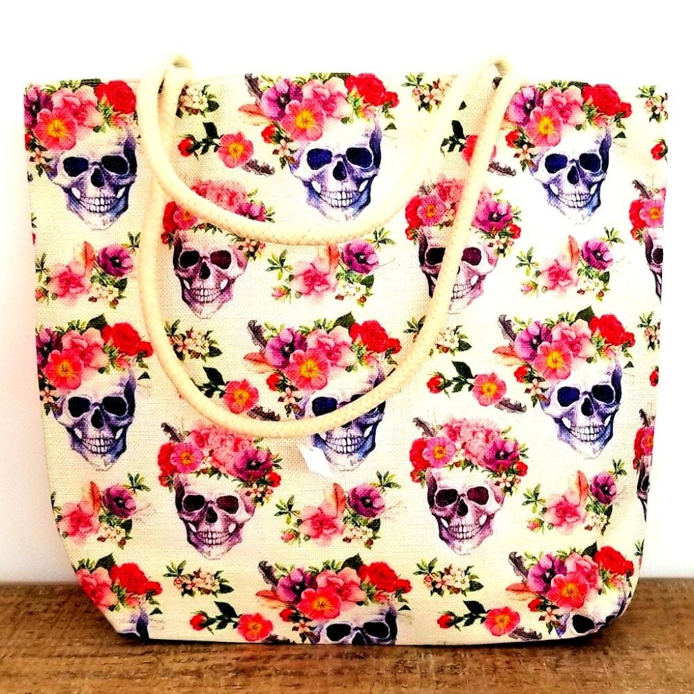 Sugar Skulls & Roses Large Tote Bag Poly Canvas Rope Handle Reusable EcoShopper